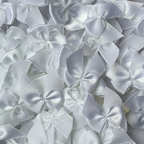 Chenkou Craft 60pcs Mini Satin Ribbon Bows Flowers 1\" x3/4\" Appliques DIY Craft White Color
