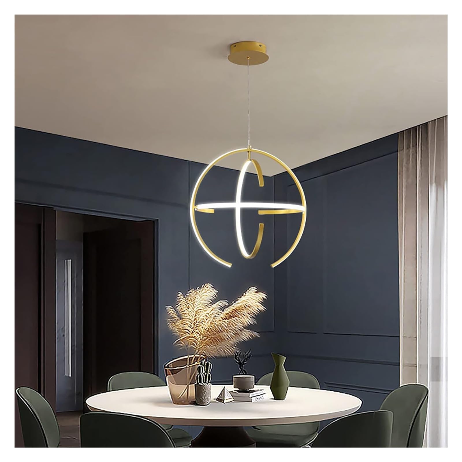 RENYUEH Chandeliers Contemporary Acrylic Hanging Light LED Chandelier 3 Rings,Globe Dimmable Pendant Light Fixtures-Gold 35x35cm