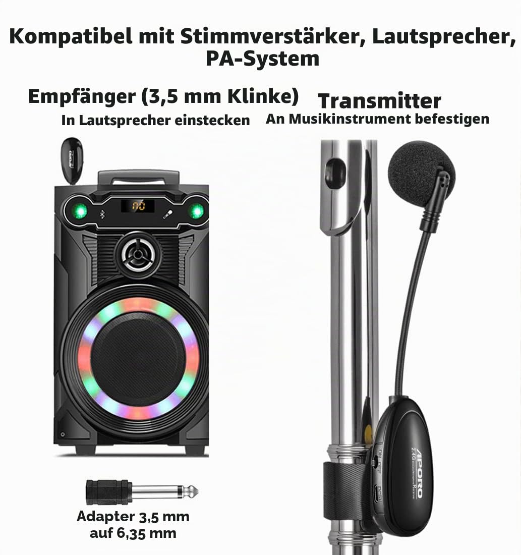 2.4G Drahtlos Flute Mikrofon Umbinden Musikinstrumente Mikrofon, Drahtloser Empfänger und Sender, für Flute und mehr