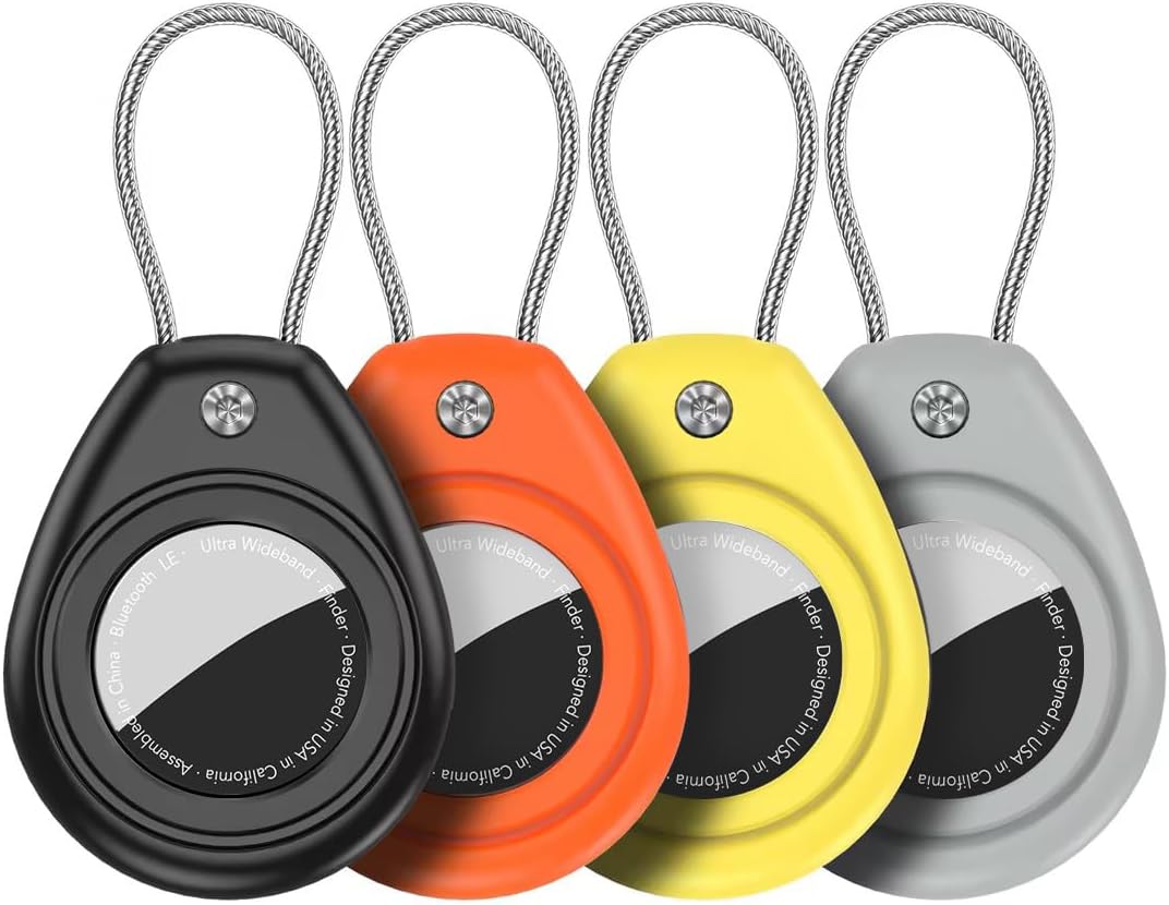for AirTag Keychain Holder 4 Pack Waterproof with Steel Wire Cable & Hex Lock, Anti-Scratch Protective Case Compatible with Apple AirTag for Luggage, Pet Collar, Backpack, Keys, Wallet