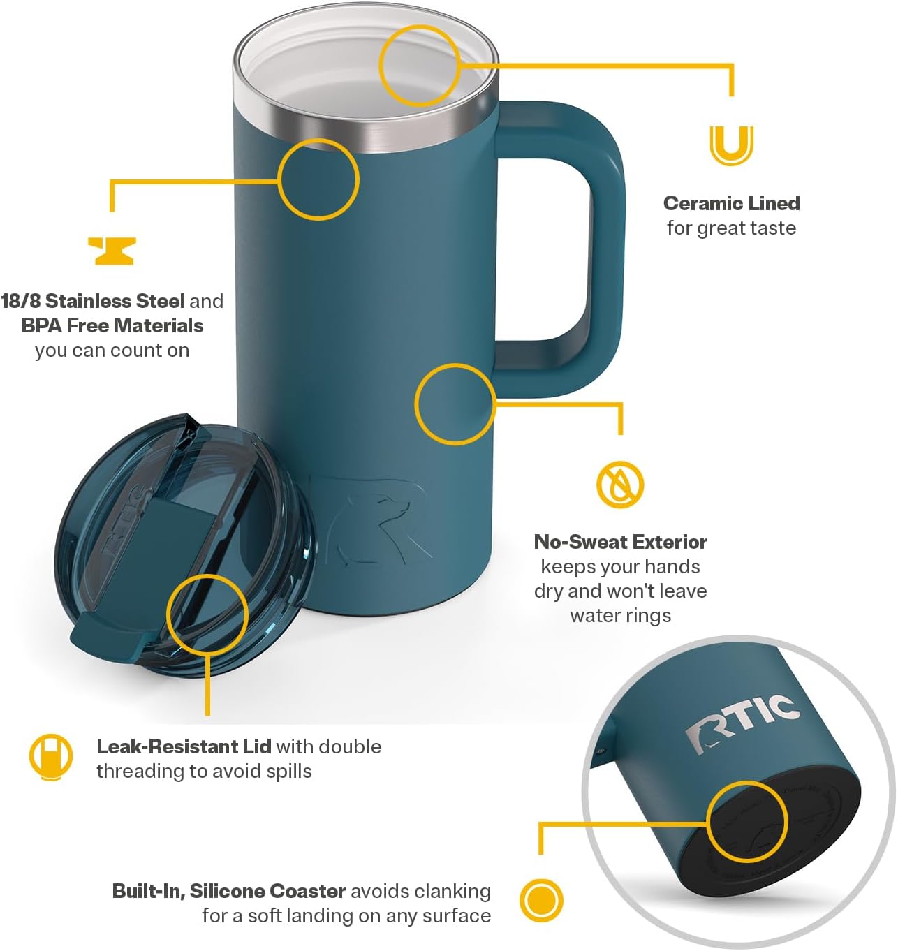RTIC 16oz Road Trip Travel Mug with Lid and Handle, Ceramic Lined, Insulated, Stainless Steel, Metal, Double Wall Vacuum-Insulation, Portable Coffee, Tea Cup for Hot and Cold Drink, Marine