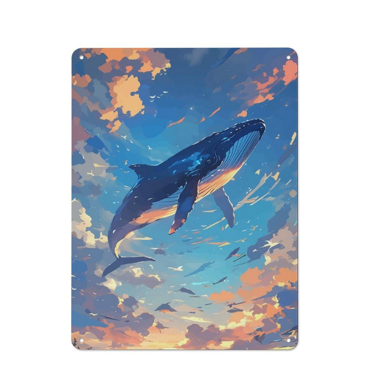 Junmoney Whale In The Sky Illustration Rustic Metal Wall Sign 40X30cm For Kitchen Or Home Bar, Suited To Home Bar Enthusiasts