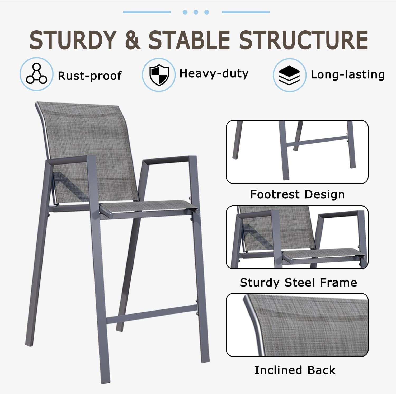 Outdoor Patio Bar Stools Set of 6, Stackable Counter Height Short Bar Chair, Patio High Furniture Chair Set, Outdoor Furniture, All-Weather Seat for Backyard and Balcony, Grey