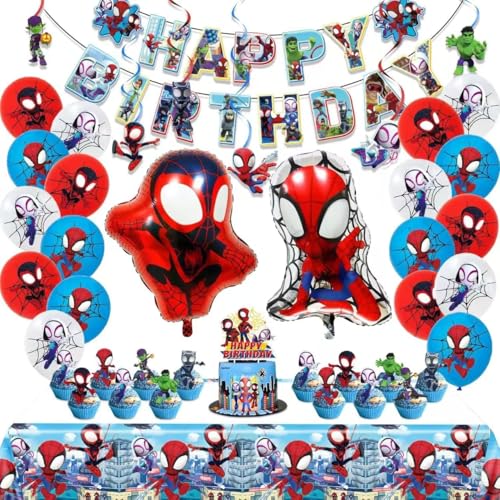 For Cartoon spidey themed birthday party supplies. These decorations include Happy Birthday banners tableware tablecloths balloons large and small skewers and party-themed decoration sets.