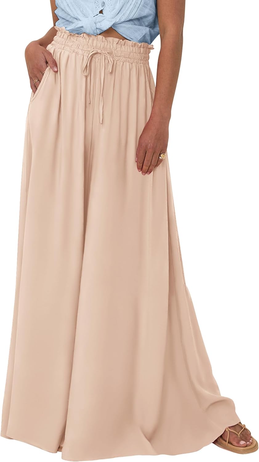 PRETTYGARDEN Women's 2026 Summer Wide Leg Palazzo Pants High Waisted Flowy Pockets Spring Casual Lounge Boho Beach Trousers