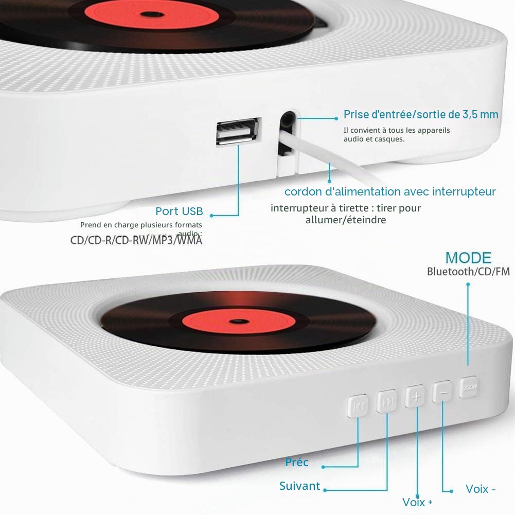 Lecteur de CD Portable de Bureau avec Bluetooth - Lecteur CD Musical Mural Multifuctional Intégré dans Les Haut-parleurs HiFi Home Mini Lecteur CD Audio Boombox avec Télécommande（Blanc）