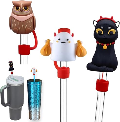 Miniatura 1 de 3 fundas para pajitas de 0.315 in y 0.394 in, lindo adorno de paja de gato para vasos Stanley, puntas de popote de silicona de búho para popotes de