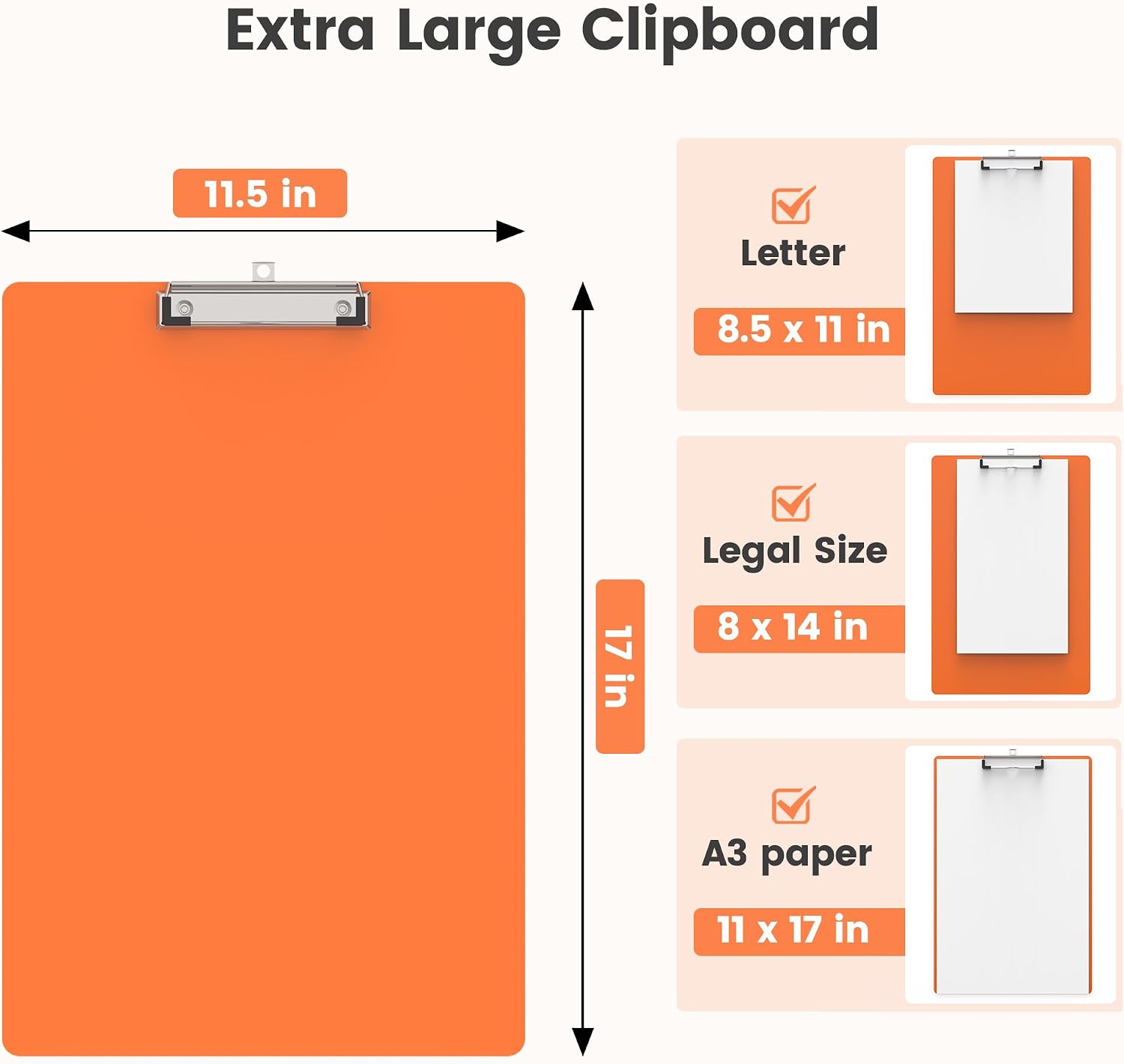 Extra Large 11x17 Clipboards, Plastic Orange Drawing Boards, Horizontal Clip Board, Vertical Layout. Suitable for Watercolor, Sketching, Painting. Art & Drafting Supply(Pack of 6)