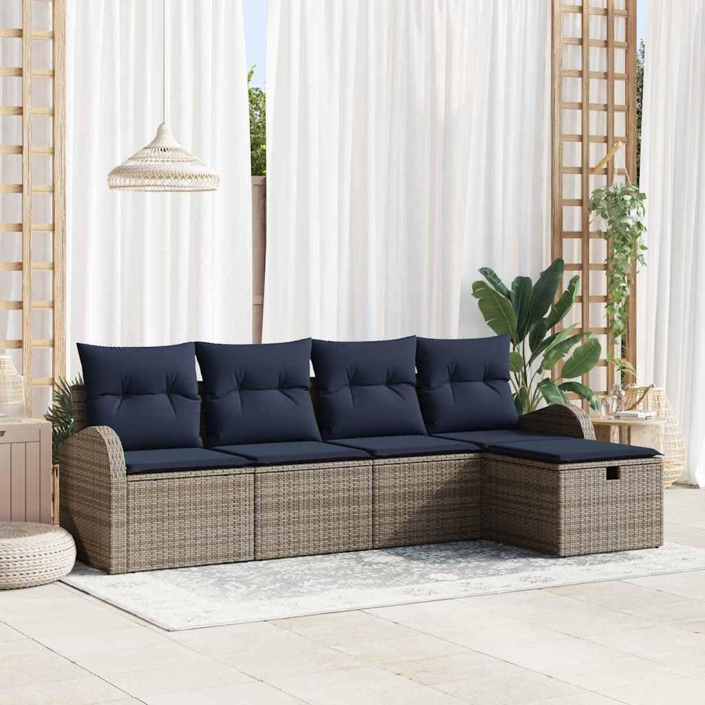 Modern Outdoor Sofa Set with Cushions and Storage in Grey Navy Poly Rattan, Durable Patio Furniture with Powder-Coated Steel Frame, Removable Covers, Ergonomic Armrests,