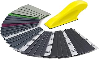 POLIWELL Micro Detail Finger Sander Kit, 70 PCS Hook & Loop Silicon Carbide Sandpaper 600 800 1000 1200 1500 2000 3000 Grit, 3.5” x 1” Mini Handle Sanding Block for Crafts, Metal and Narrow Spaces