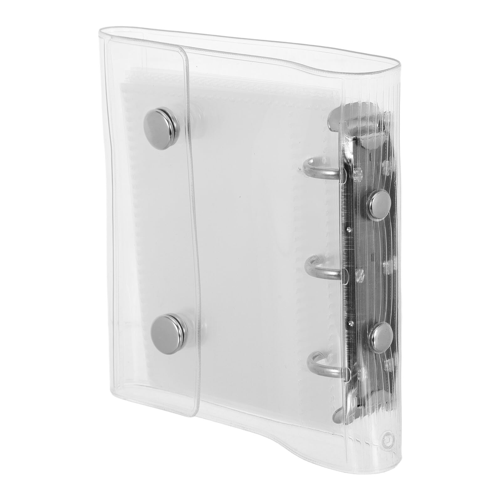 A8 Mini 3-Ring Loose Leaf Binder with Snap Button, Silver Soft Round Ring Binder Cover with 20 Inner Pockets for Office and School Use