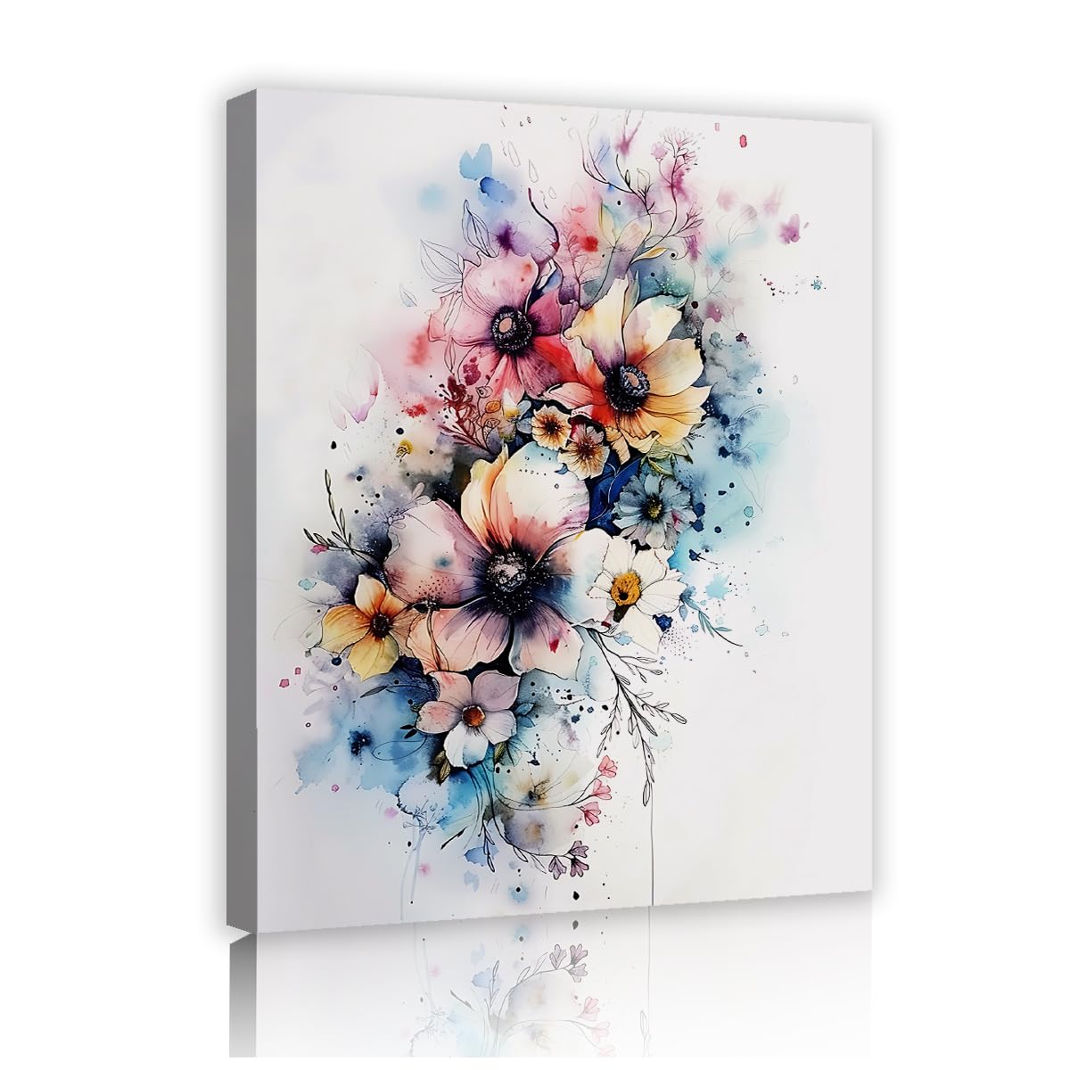 Großes gerahmtes Leinwandbild mit Aquarell Blumen Wandkunst 40x50cm