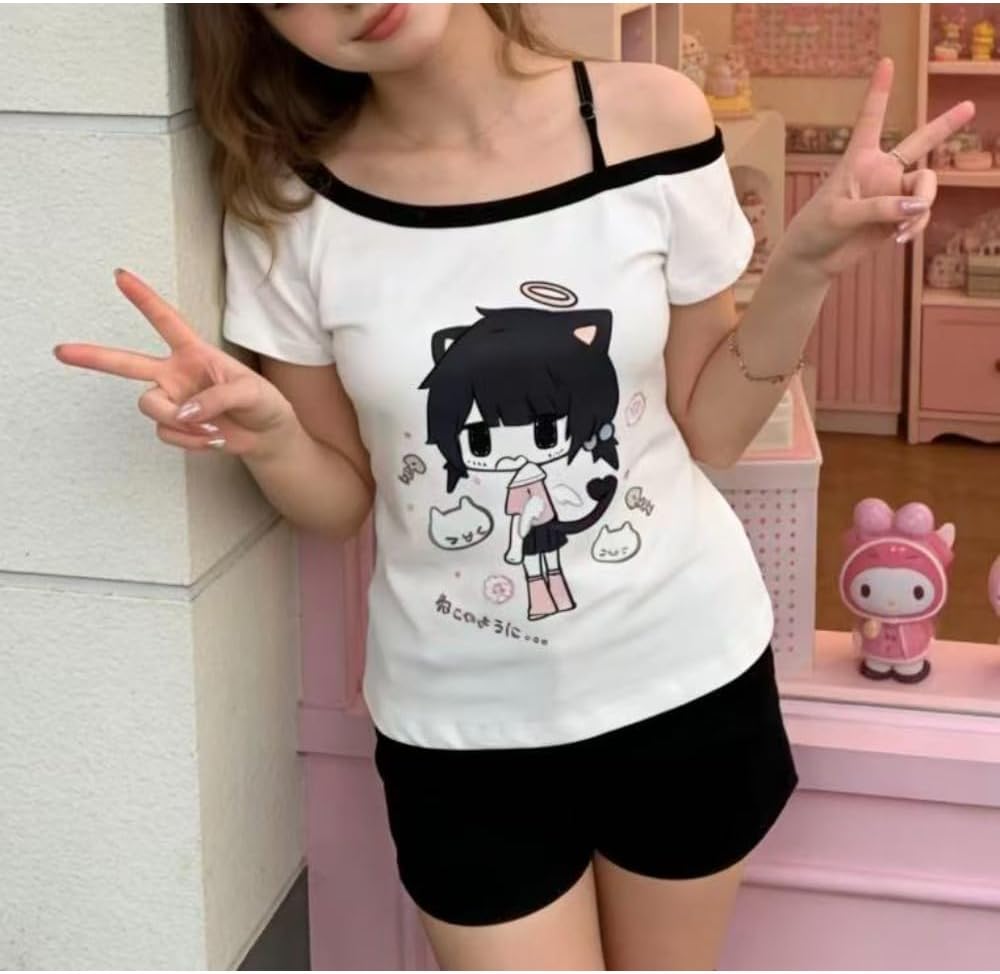 Y2K Kawaii Off Shoulder Tee Women Anime Print Loose Short Sleeve image 2