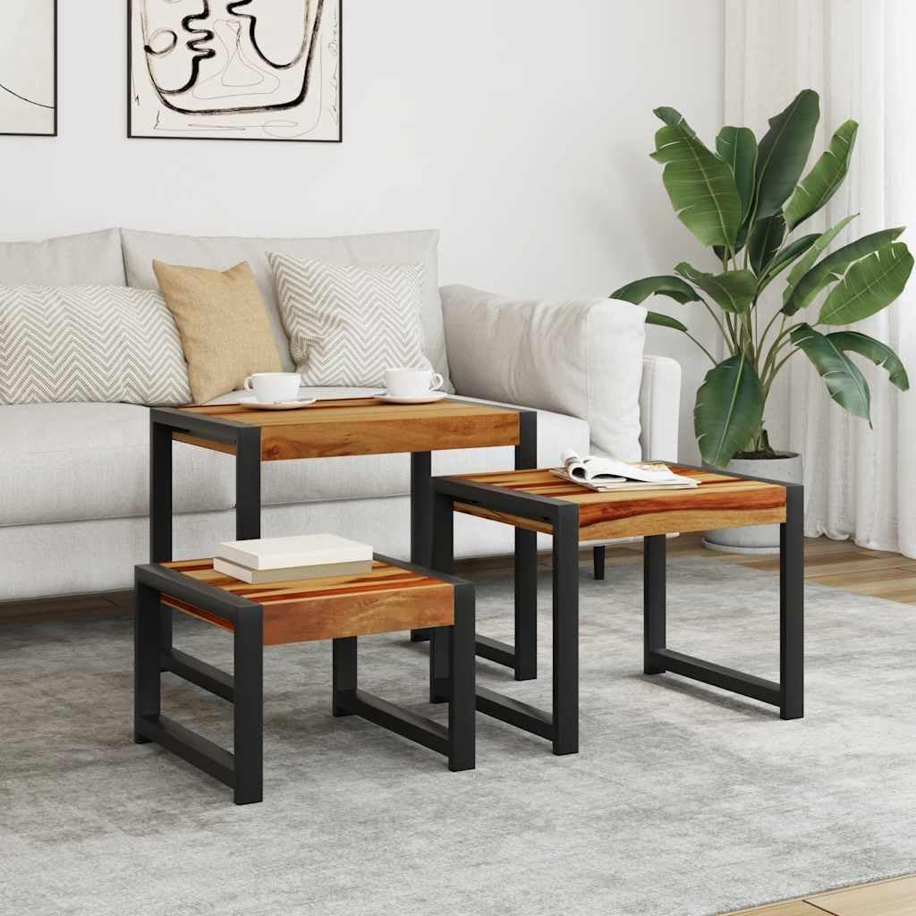 Nesting Side Tables Set of 3 Solid Sheesham Wood Brown Shades Rectangular Small Accent Tables for Living Room Decor Indoor Retro Furniture