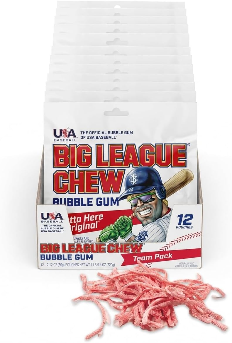 Big League Chew Outta Here Original Bubble Gum - Classic Ballpark Flavor | Perfect for Baseball Games, Teams, Concessions, Parties, and More | Pack of 12 Bags (2.12oz Each)