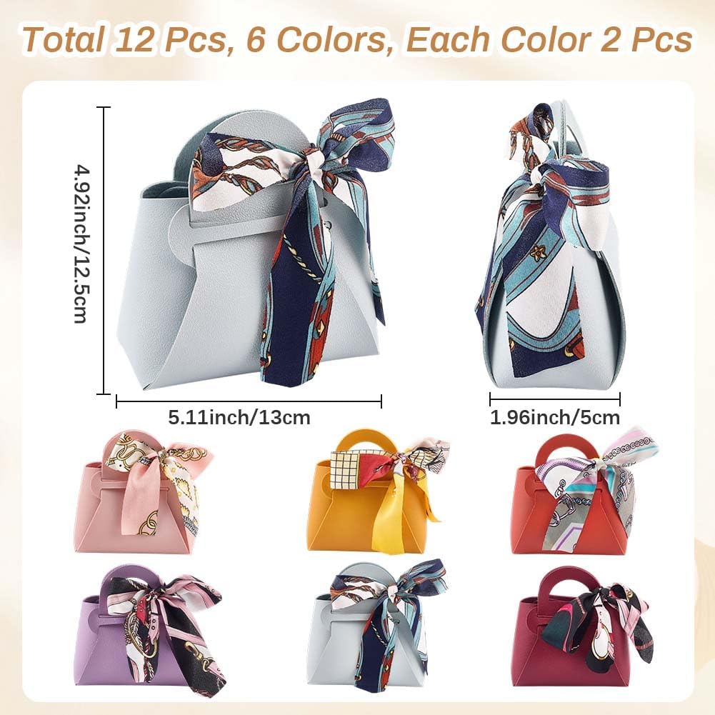 CALFOVERA 12 Pack 6 Colors Small Party Favor Boxes Reusable PU Leather Gift Candy Wrapping Bags with Handle Ribbon Mini Handbags for Weddings Party Guest Gift Bridal Showers Birthday Halloween