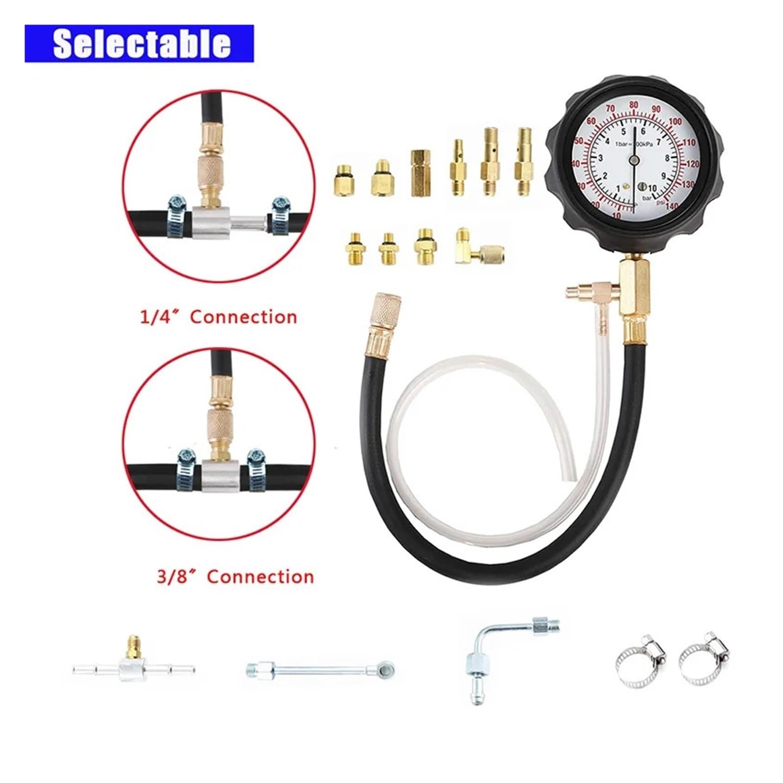 Kit Di Strumenti Diagnostici For Misuratore Pressione Della Pompa Iniezione Del Carburante 0-140PSI, Set For Tester For Benzina Motore For La Maggior Parte Delle Auto Abbastanza Accurato(With Box02)