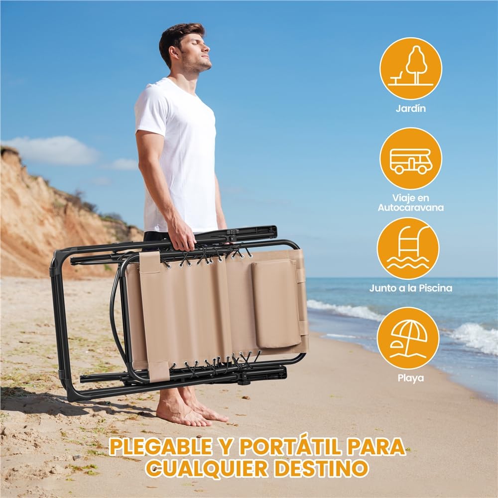 Yaheetech Tumbona Plegable para Exterior Tumbona Jardin Ligera y Portátil Silla Reclinable con Bandeja Lateral, Fácil de Mover para Exterior (1PCS Beige