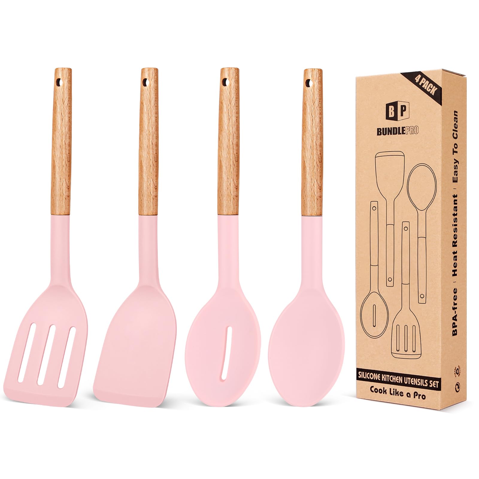 Juego de utensilios de cocina de silicona con mangos de madera para freír y guisar