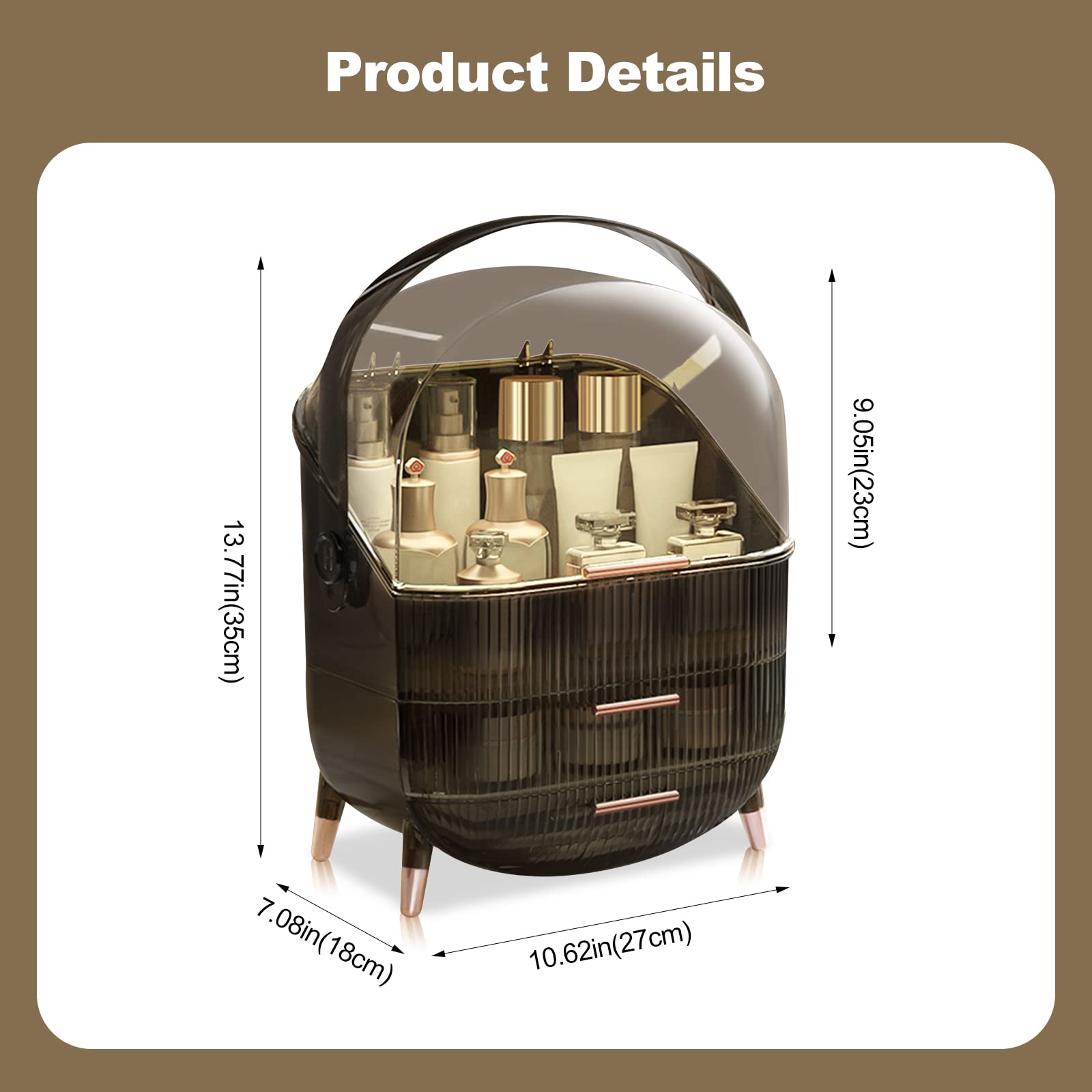 Galatée Retro Serie 180°Drehbar Tragbare Make Up Organizer Kosmetikbox Kosmetische Aufbewahrungs Box Mit Staubdichtem Deckel, Beauty Organizer Mit 2 Schubladen Und Tragegriff - （Retro-Grau）