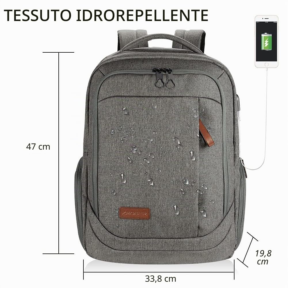 Kroser Zaino per computer portatile da 17,3”, casual, resistente all’acqua, con porta USB, per la scuola, il lavoro e i viaggi, da donna e da uomo