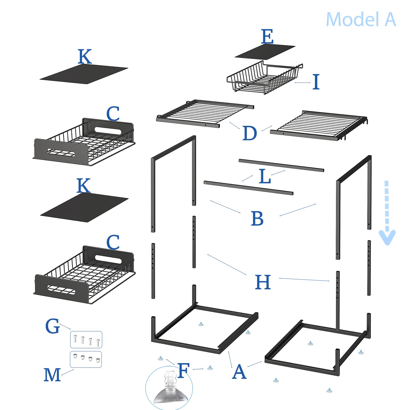 YunNasi Organizador Bajo Fregadero, Armario 2 Niveles Metal Altura Ajustable Estantería Bajo Fregadero, Bandeja Extraible Mueble Almacenaje para Cocina Baño (Negro, A-Estilo)