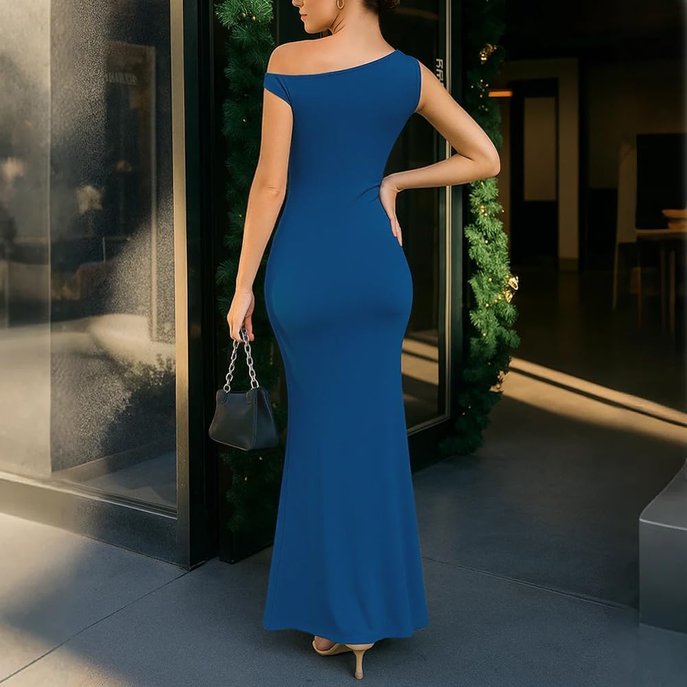 HWP Women Summer Bodycon Ruched Maxi Dress Sleeveless Boat Neck Casual Long Cocktail Dress - Image 5