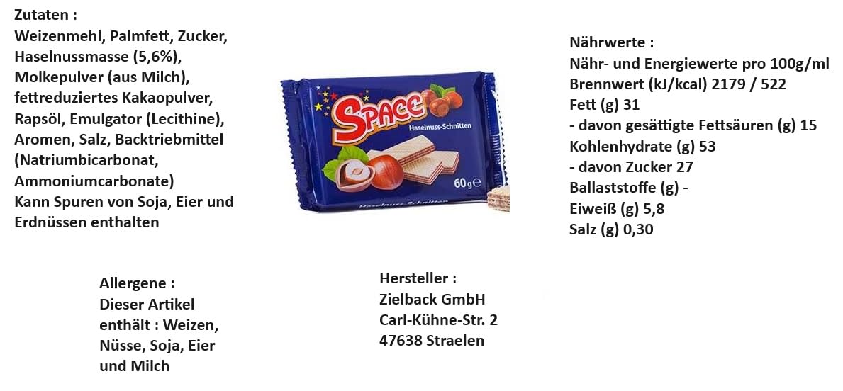 48 Riegel Space Haselnuss-schnitten a 60 g + Space Keks gratis a 45 g von Onlineshop Bormann
