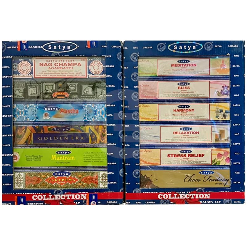 Satya Collection Gift Set for All Occasions and Seasons - Aromatherapy, Spa, Yoga, Weddings, Birthdays, Meditation, Healing, Spirituality, Positivity and Relaxation - 12 Exotics Scents (12X15g)