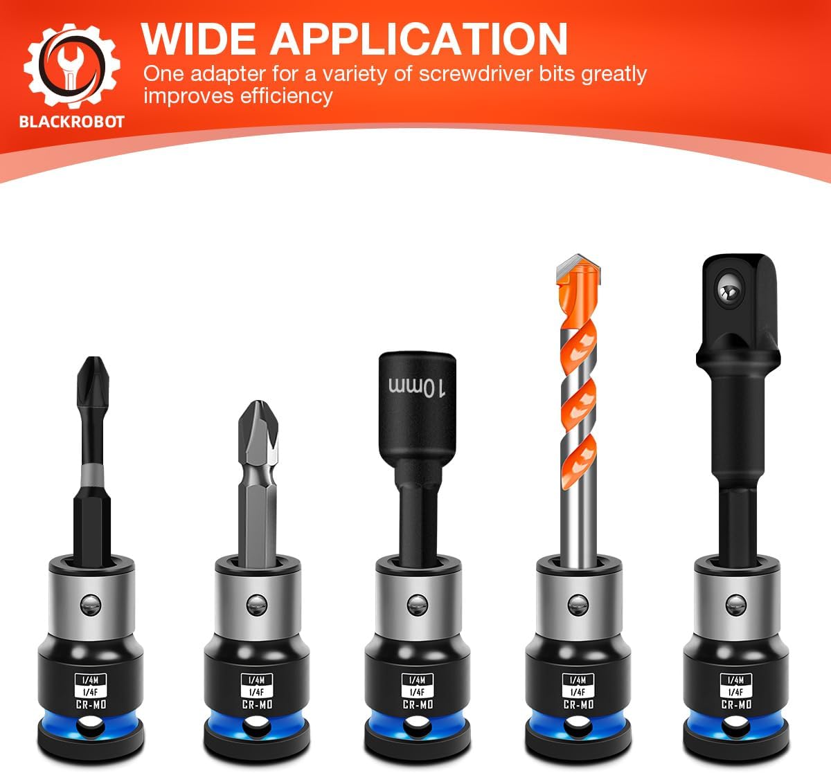 BLACKROBOT 4PCS Impact Bit Holders 1/4 Square Drive to 1/4 Hex Bit Socket Adapter, Impact Wrench Ratchet Use, Cr-Mo Steel