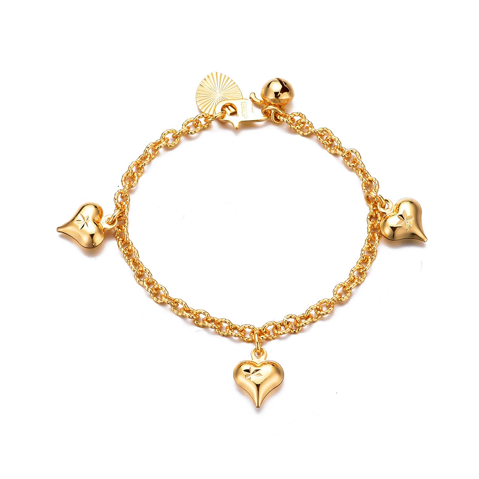 EthlynBracelets for little girls 18K Gold Plated Cuban Link Chain Bracelets Bells Dangle Charms Little Girls Jewelry