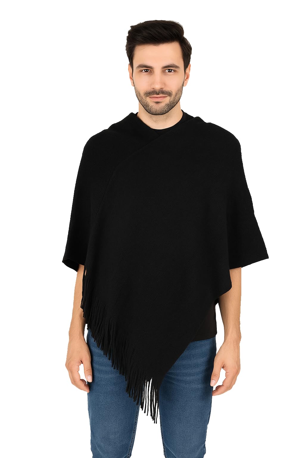 Men's Woolen V-Neck Solid Plain Cape Coat Poncho for Winter Wear