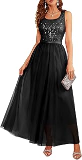 Sequin Dress for Woman Vintage A Line Wedding Formal Swing Mesh Dress Sleeveless Cocktail Maxi Gowns