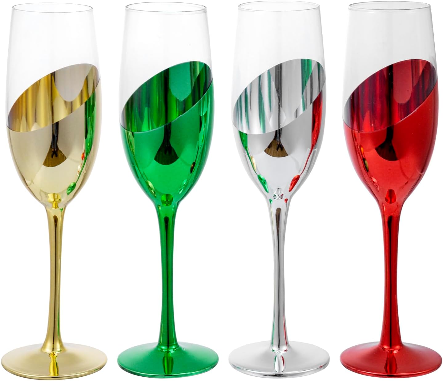 MyGift 6 oz Modern Slanted Holiday Multicolor Stemmed Champagne Flutes Drinkware, Angled Gold Silver Red Green Color Drinking Toasting Glasses, 4 Piece Set