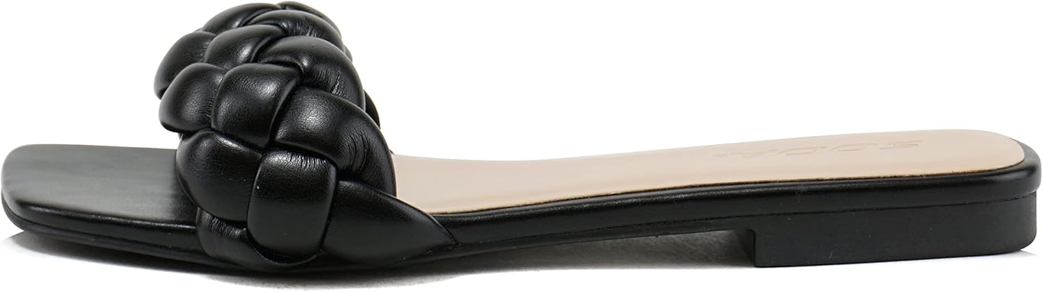 Soda BALL ~ Women Casual Open Square Toe Comfort Fashion puffy Braided Woven Slip on Flat Sandals (BLACK/BLACK, us_footwear_size_system, adult, women, numeric, medium, numeric_10)