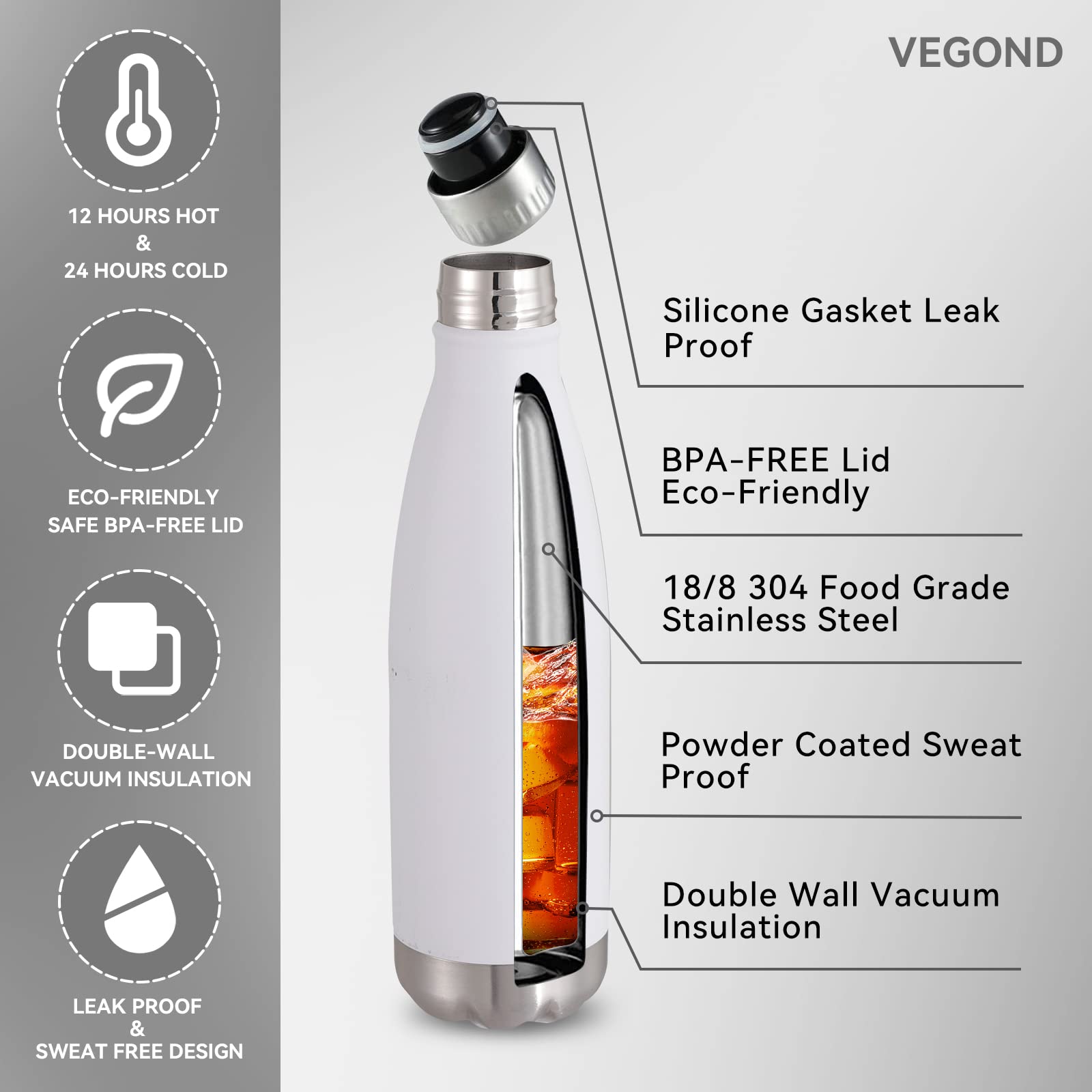 VEGOND 17oz Stainless Steel Water Bottles Bulk, Reusable Metal Sports Bottle Keeps Drink Hot and Cold, BPA Free Double Wall Vacuum Insulated Cola Shape Bottles for Camping, Gym, 4 Pack