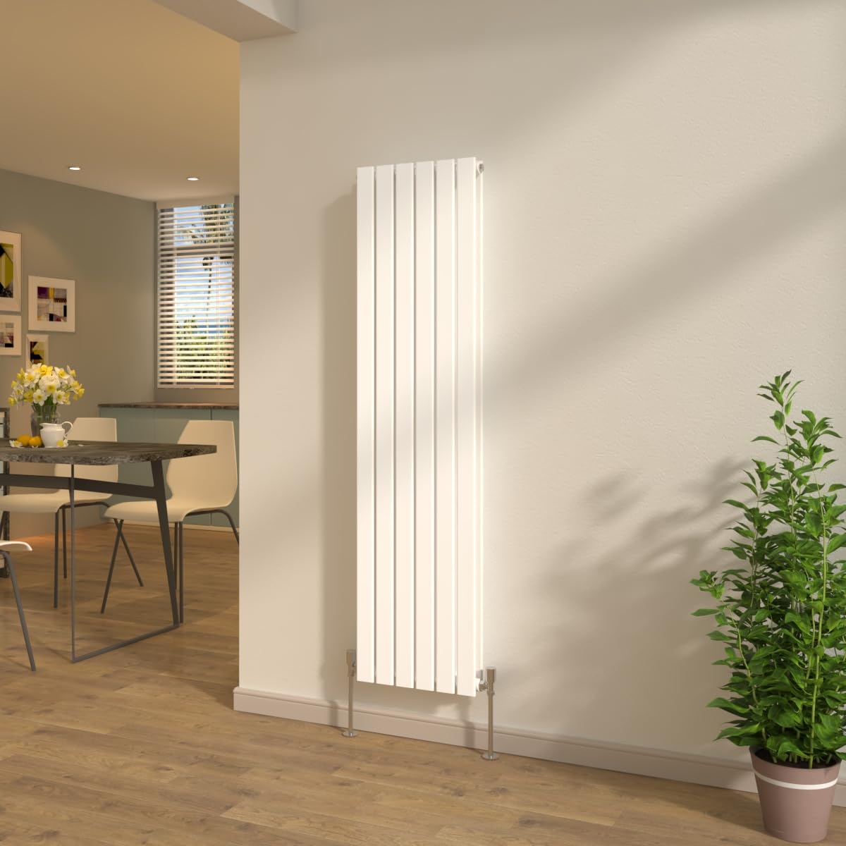 NRG 1600x408mm Designer Vertical Flat Column Double Panel Radiator Modern Gloss White Tall Upright Central Heating + Free Angled Valves