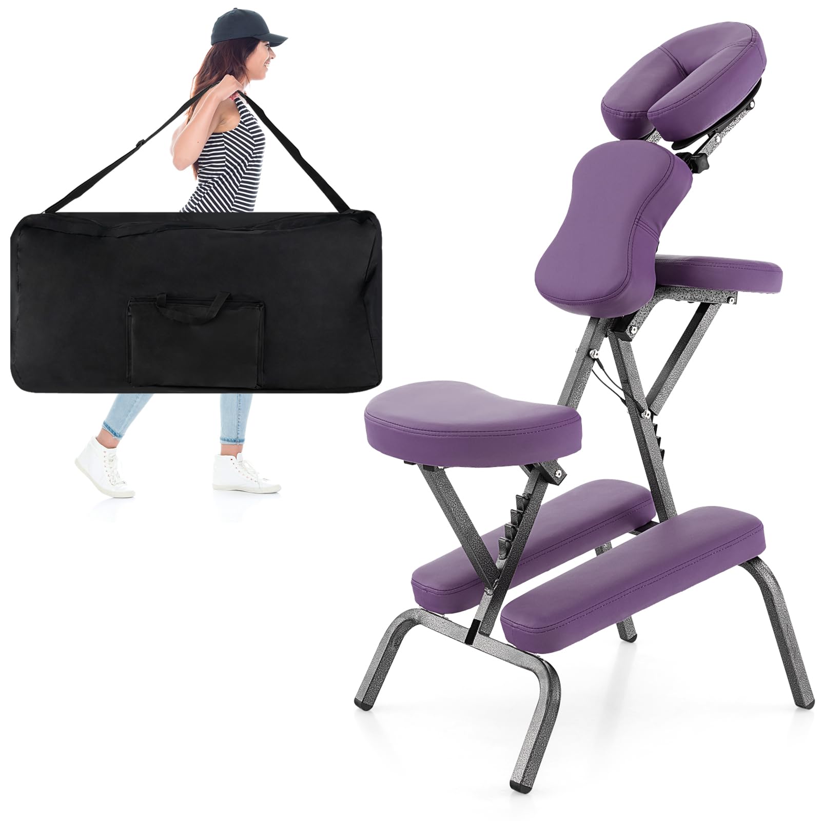RELAX4LIFE Chaise de Massage Pliante Hauteur Réglable 110-120 CM, Chaise de Thérapie Portable Ergonomique avec Siège Rembourré, Sac de Transport, Charge 150 KG pour Tatouage Spa Esthéticienne (Violet)