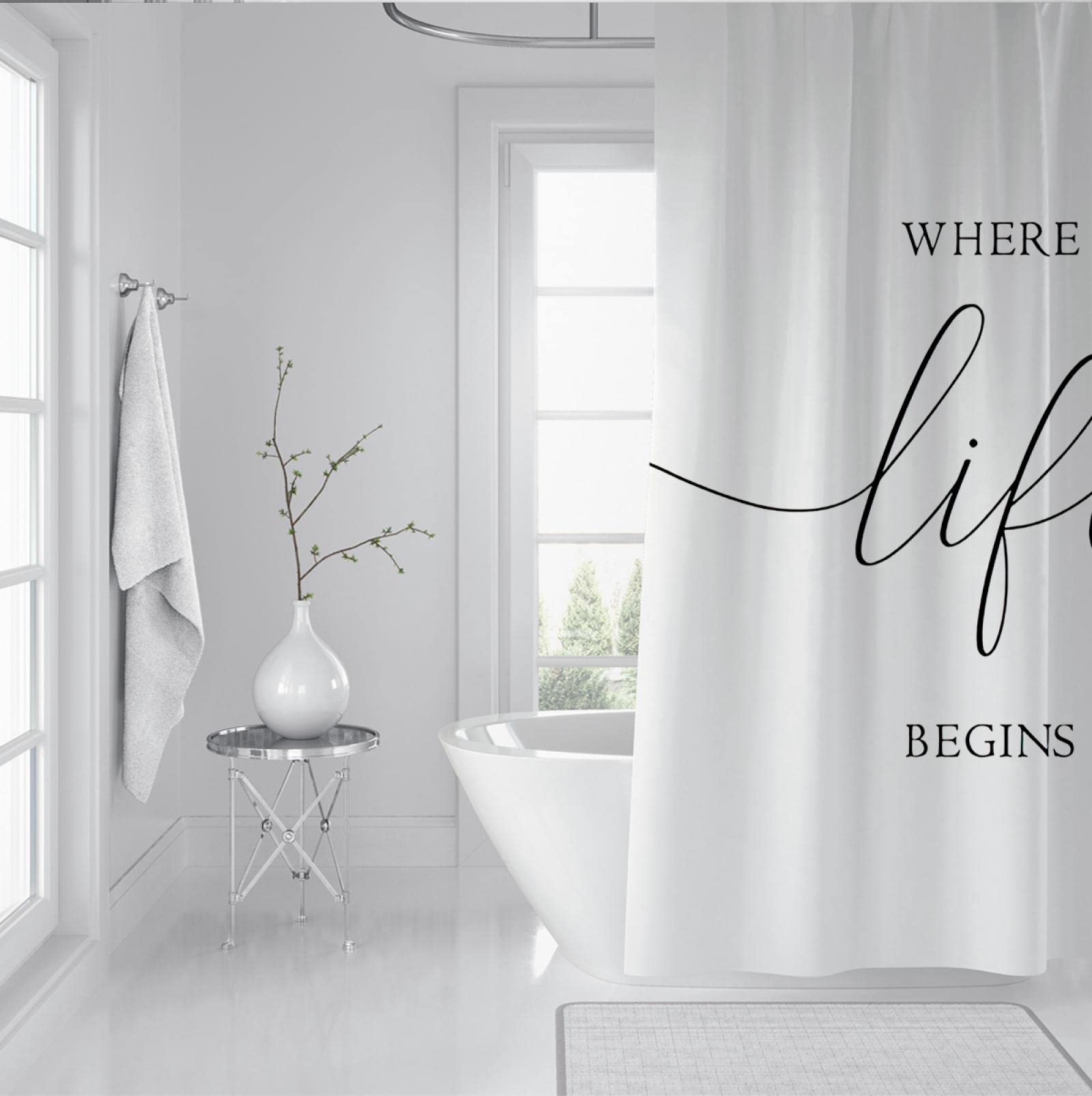 Cortina de Ducha de Simplicidad Moderna Set White Words Cortina de Ducha para la decoración del baño Cortina de Ducha de Tela Lavable Impermeable para bañera W200xL200cm