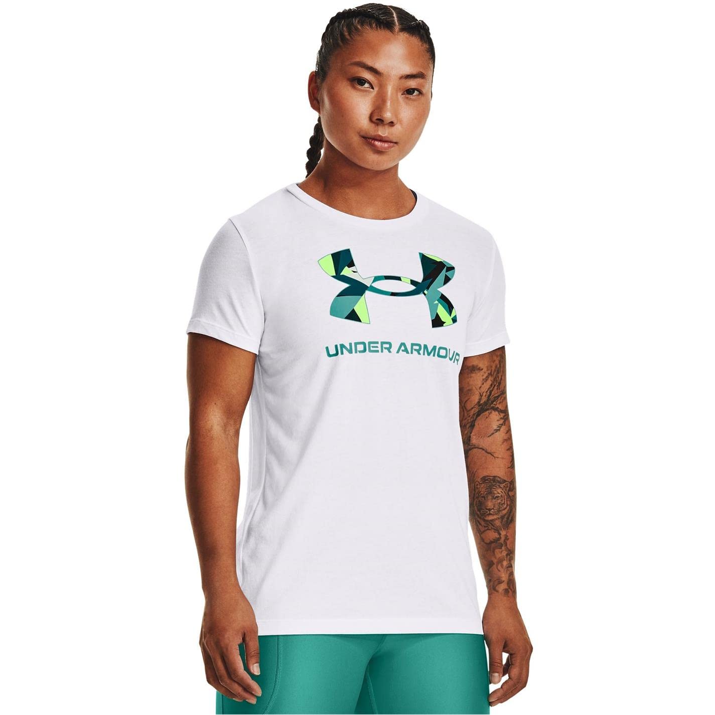 Under Armour Mujer UA Sportstyle Graphic Manga Corta Top, Blanco/Neptune, XS