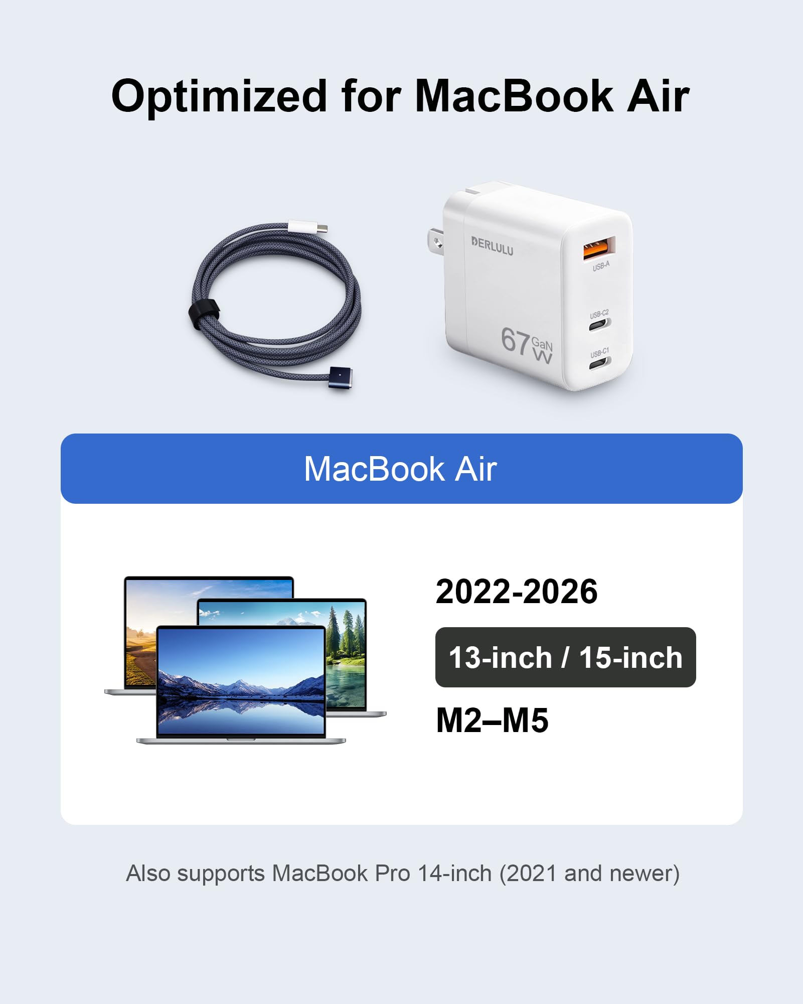 DERLULU GaN - Caricatore USB-C da 67 W per MacBook Air 13/15", adattatore di ricarica rapida con cavo magnetico da 1,5 m, compatto 2C1A per MacBook, iPad, iPhone
