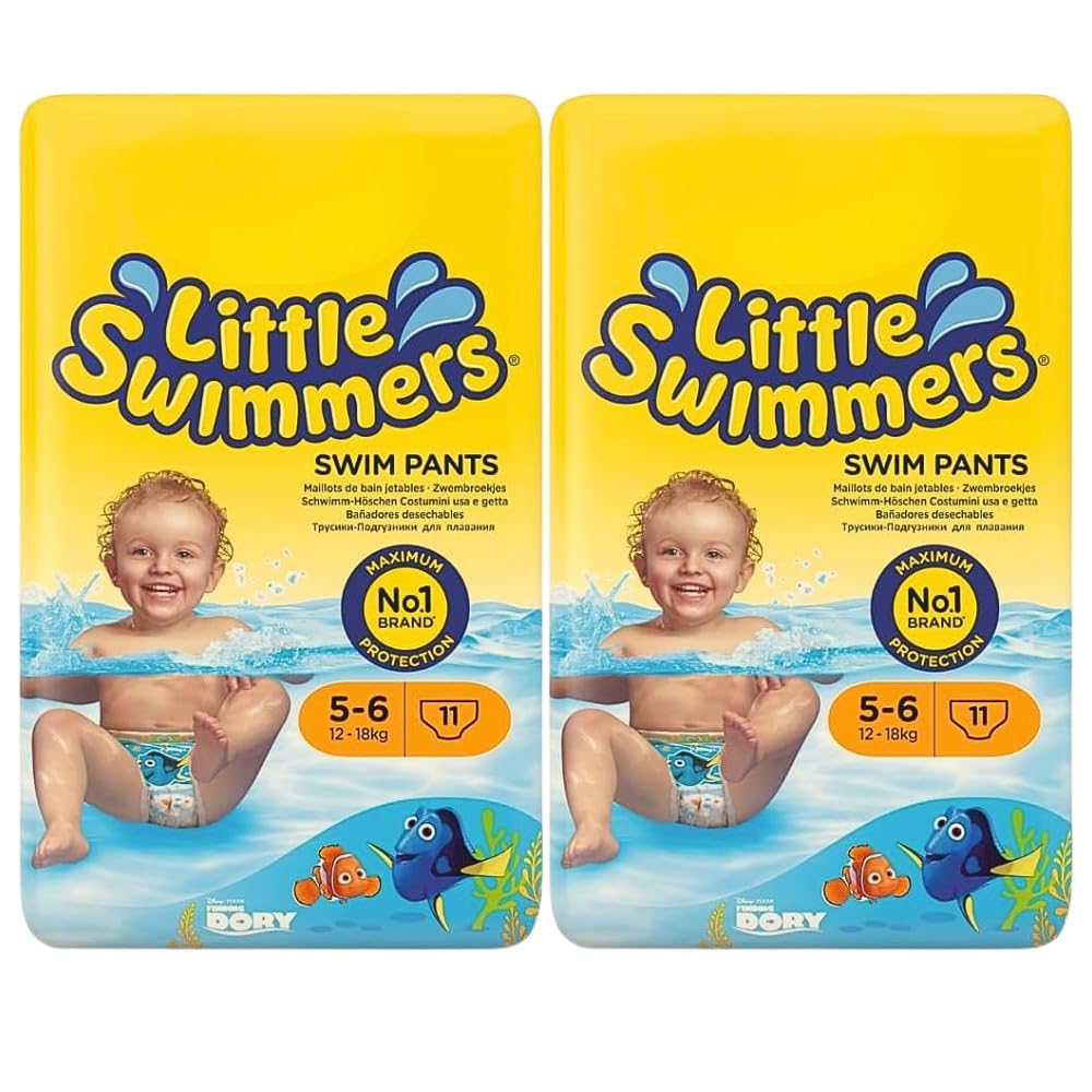 Little Swimmers Swim Pants Size 5–6, 12–18kg, Disposable Baby Swimming Nappies, Easy-On Swim Diapers for Pool, Beach & Holidays, Finding Dory Design, 11 Pants Per Pack, Pack of 2