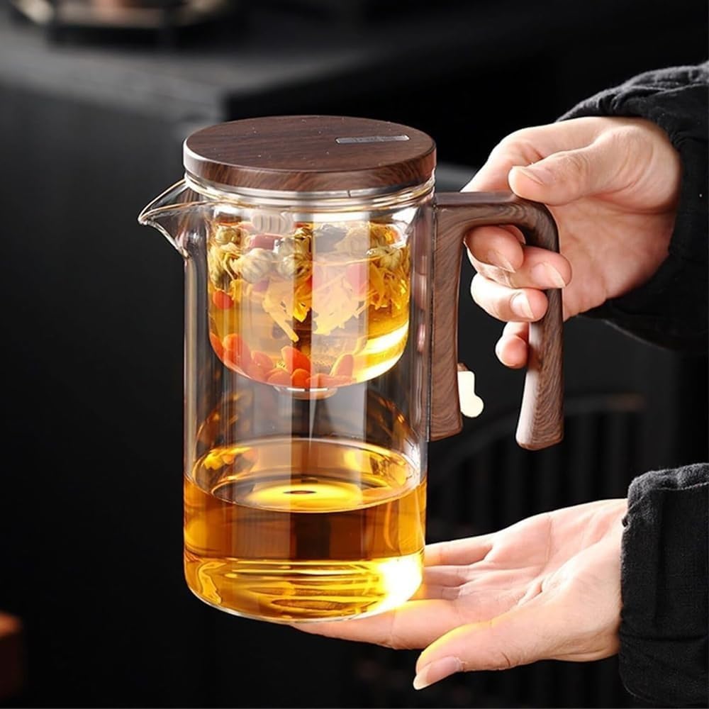 Enchanti Theepot Magische Pot, Enchantipot Waterscheiding Glazen Theepot met Houten Handvat, Enchanti Thee Hekserij (520ML Grijs