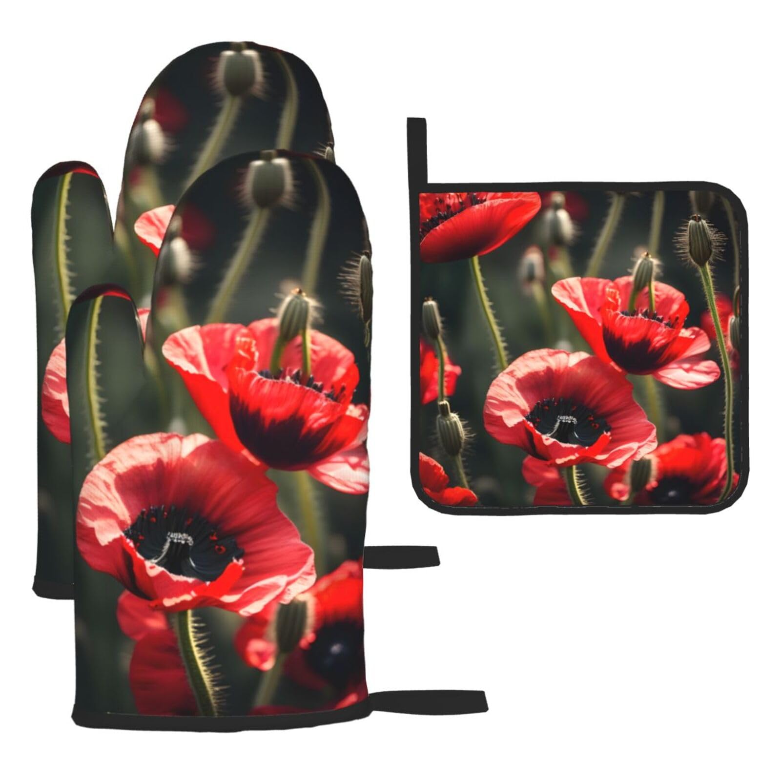 Beautiful Red Poppy Flower Print Oven Mitts Kitchen Gloves Set Everyday Baking Grilling Microwaving Cooking Gift