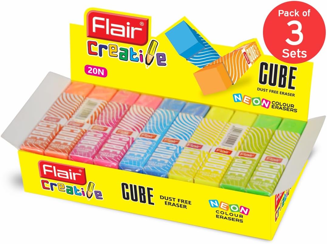 Flair Creative Series Cube Eraser | Neat & Dust Free Erasing | Non-Toxic Neon Color Erasers | Stationery Gift Item for Kids & Students | Safe for Children | 5 Shades Box of 20 x Set of 3