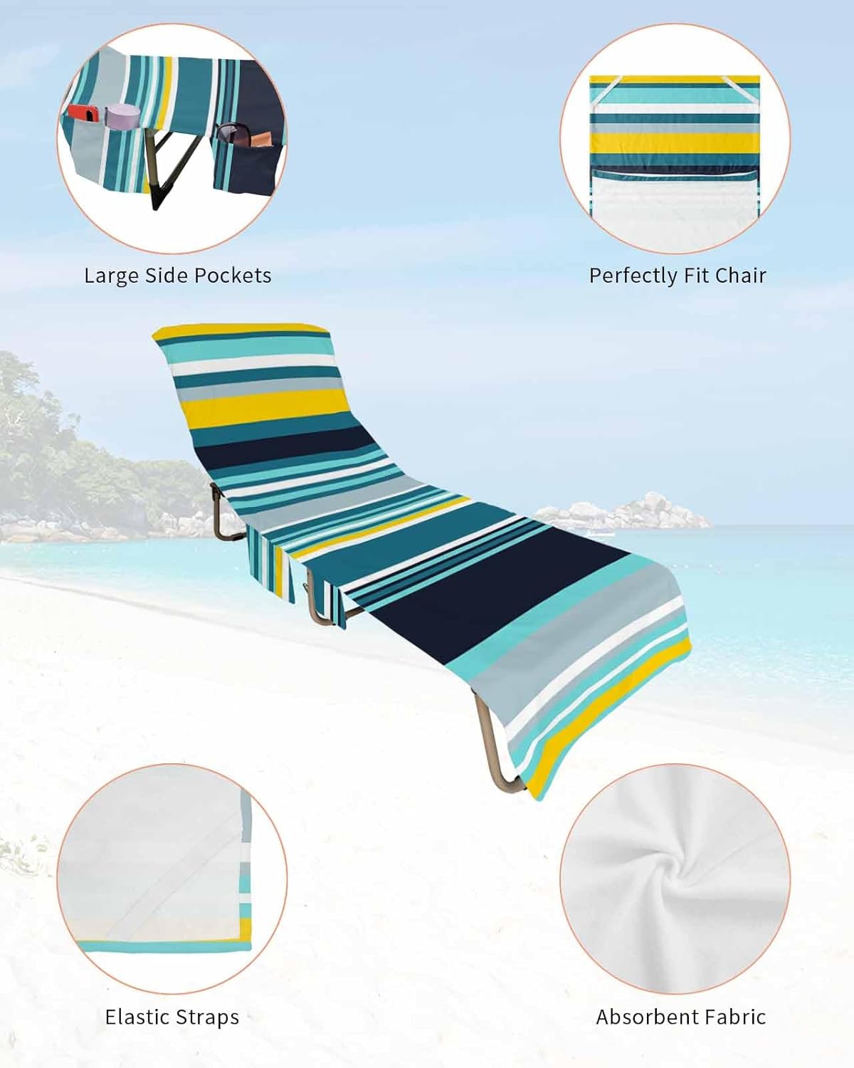 Teal Turquoise Stripes Beach Pool Patio Lounge Chaise Chair Cover Towel With Pockets,Absorbent & Quick Dry Microfiber Towel Cover Bag Summer Accessories Modern Abstract Colorful Vertical Geometric