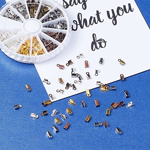 Pandahall 420Pcs/Box 6 Color Iron Fold Over Crimp Cord Ends Terminators Clamp End Tips With Loop Fit For 3Mm Thick Leather Silk Ribbon Jewelry Findings 6X3Mm #TOP5