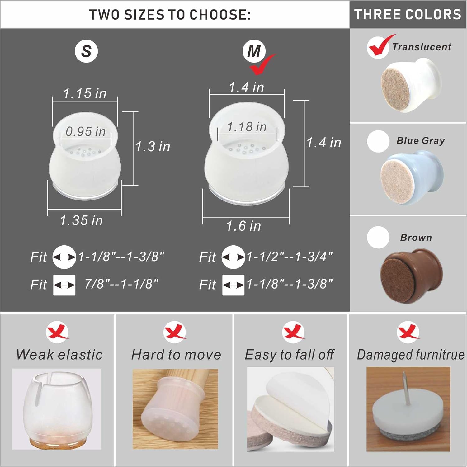 Chair Leg Caps Protect Hardwood Floors, Silicone Chair Leg Covers with Felt,Fit Square Furniture Legs (Translucent, M-Round)