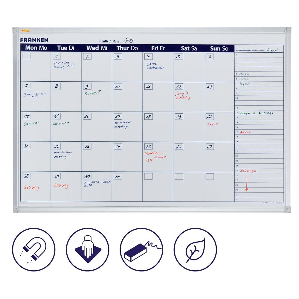 FRANKEN X-tra!Line Monatskalender mit Vorplanung für den Folgemonat, lackiert, magnetisch, beschreibbar, trocken abwischbar, mit Aluminiumrahmen, Magnettafel zur Wandbefestigung, 90 x 60 cm, VO-7