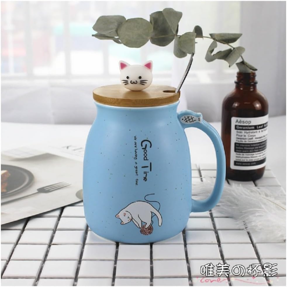 KAWAII Cat Mug 450ml Large Mug with Lid and Spoon Capacity - Infusion Tea Coffee Cup - Original Japanese Mug - Cute Kitty - Color Blue
